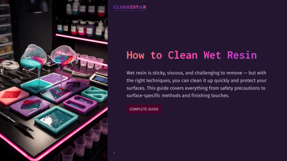 1 How To Clean Wet Resin A Workspace With Multiple Silicone Molds Filled With Colorful, Wet Resin In Shades Of Pink, Blue, And Purple. Bottles Of Resin And Tools Are Visible In The Background, With The Text &Quot;How To Clean Wet Resin&Quot; Prominently Displayed.