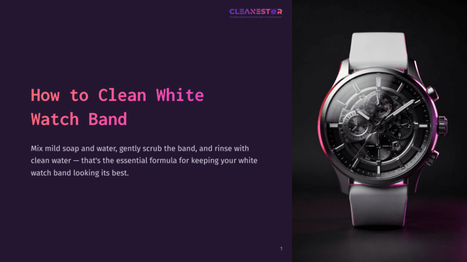 1 How To Clean White Watch Band Close-Up Of A Modern White Watch Band With A Detailed Mechanical Watch Face, Set Against A Dark, Moody Background With Purple And Pink Lighting. Text Overlay Reads &Quot;How To Clean White Watch Band.