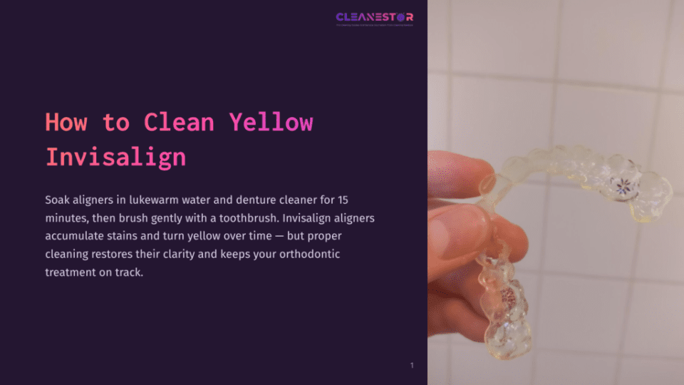 1 How To Clean Yellow Invisalign Close-Up Of A Clear Plastic Invisalign Aligner Being Held By Fingers, With A Blurred Background Of White Tiles. The Text &Quot;Cleanestor&Quot; Is Visible At The Top.