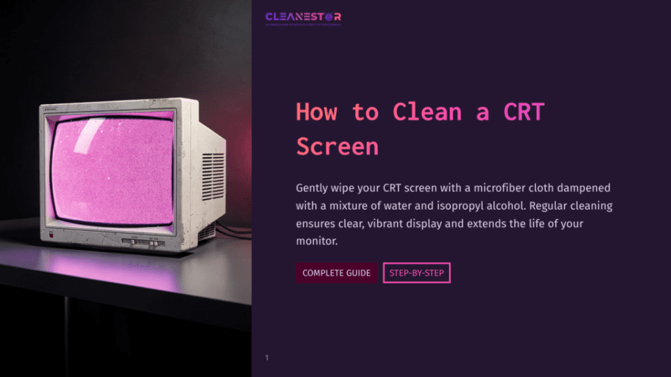 1 How To Clean A Crt Screen A Dusty Crt Monitor With A Pink-Tinted Screen Sits On A Black Surface, Featuring A White Microfibre Cloth Nearby.