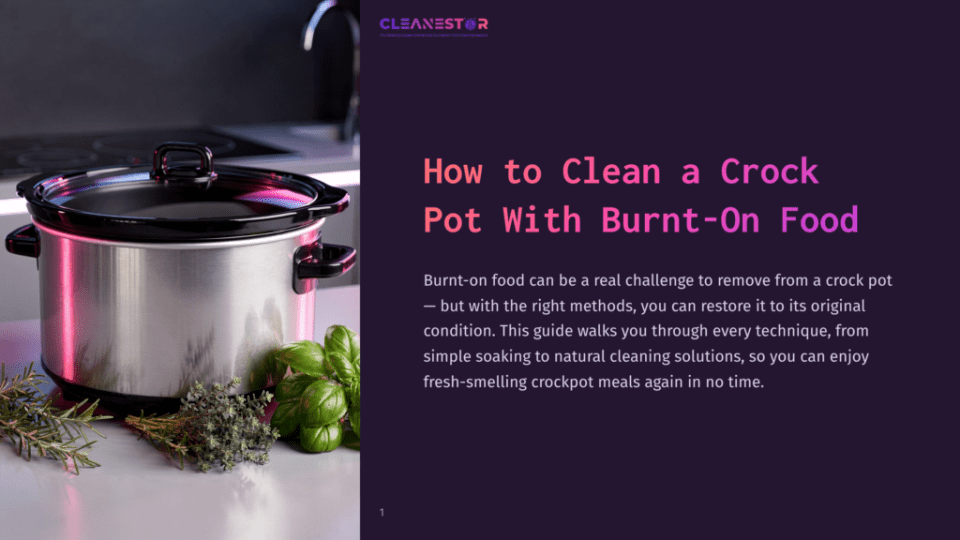 1 How To Clean A Crock Pot With Burnt On Food A Black Crock Pot With A Glass Lid Sits On A Dark Kitchen Countertop, Surrounded By Fresh Herbs And Vegetables, With Soft Lighting.