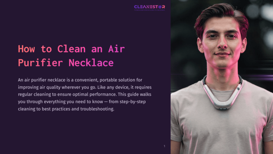 1 How To Clean An Air Purifier Necklace A Young Man Wearing An Air Purifier Necklace Stands Against A Purple Background, Illuminated With Soft Pink Lighting.