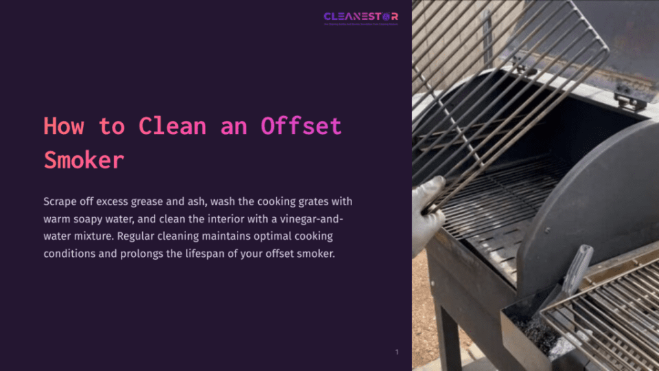 1 How To Clean An Offset Smoker A Person Holds A Cleaning Brush Near A Black Offset Smoker, Showcasing The Grates And Cooking Chamber, With Ash And Grease Visible.