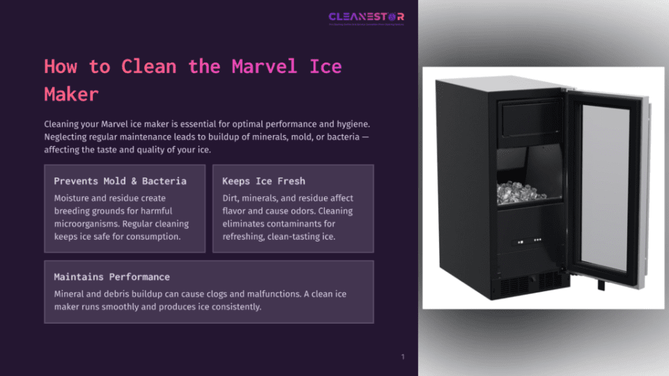 1 How To Clean The Marvel Ice Maker Cleanestor Ice Maker With Door Open, Revealing A Bin Full Of Clear Ice Cubes. The Text &Quot;How To Clean The Marvel Ice Maker&Quot; Is Visible On The Left.