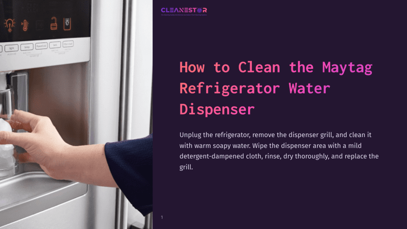 A Person'S Hand Dispenses Ice From A Maytag Refrigerator Dispenser, With The &Quot;Cleanestor&Quot; Logo And &Quot;How To Clean The Maytag Refrigerator Water Dispenser&Quot; Text Visible In The Background.