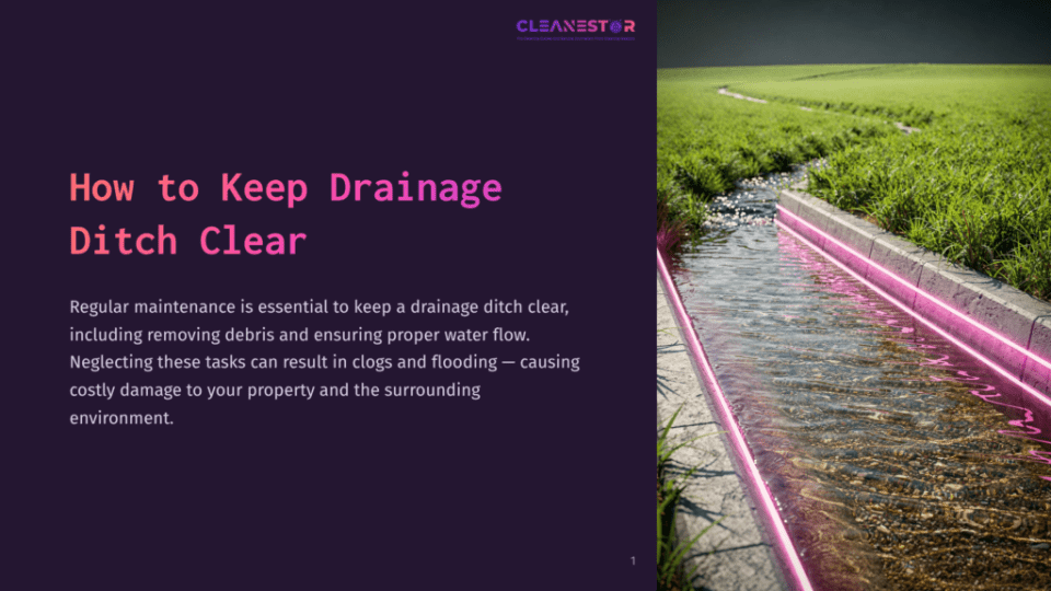 1 How To Keep Drainage Ditch Clear A Clean Drainage Ditch With Bright Pink Led Lights Running Along Its Edge, Bordered By Lush Green Grass And A Flowing Stream Of Clear Water.