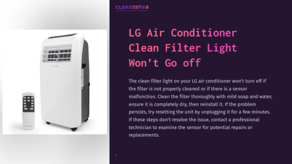 Lg Portable Air Conditioner And Remote Control With &Quot;Cleanest Air&Quot; Logo And Text: &Quot;Lg Air Conditioner Clean Filter Light Won&Amp;Apos;T Go Off&Quot;.