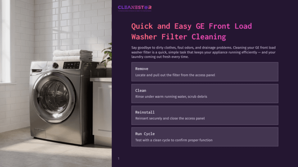 A Modern Ge Front-Load Washing Machine Sits In A Brightly Lit Laundry Room, With A Stack Of Neatly Folded White Towels On Top Of It. The Text &Quot;Cleanestor&Quot; And &Quot;Quick And Easy Ge Front Load Washer Filter Cleaning&Quot; Is Overlaid On The Image.