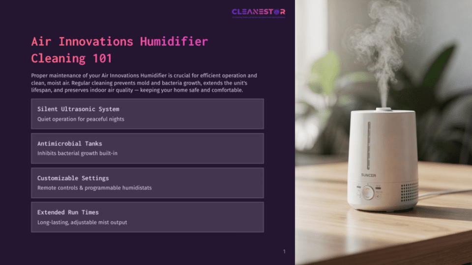 1 Air Innovations Humidifier Cleaning 101 A Modern White Ultrasonic Humidifier With A Transparent Water Tank Sits On A Wooden Table, Emitting A Gentle Mist. The Humidifier Features A Minimalist Design With A Single Button And A Dial For Controls, And The Cleanestor Logo Is Visible.