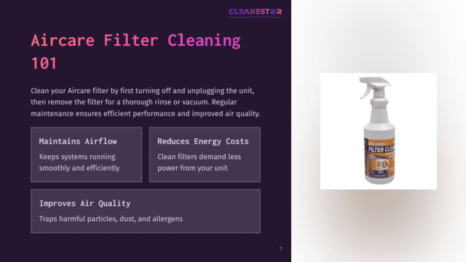A Spray Bottle Of &Quot;Washable Filter Cleaner&Quot; By Cleanestor Is Shown Against A Dark Background, With The Label Clearly Visible.