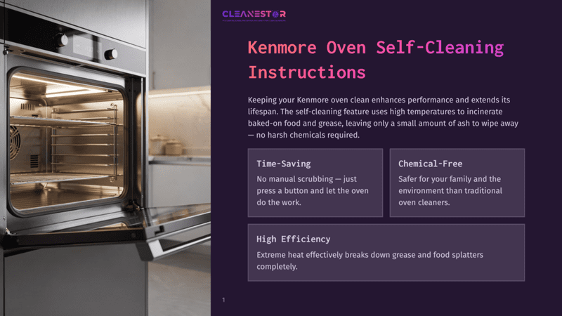 1 Kenmore Oven Self Cleaning Instructions Open Kenmore Oven With Interior Light On, Displaying Racks And A Clean Interior, With Text Overlay: &Quot;Kenmore Oven Self-Cleaning Instructions&Quot;.