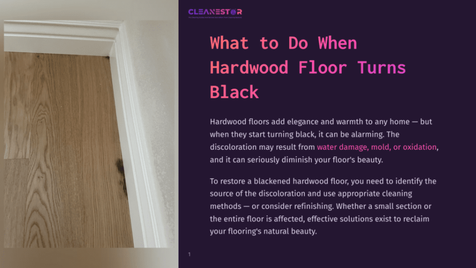 1 What To Do When Hardwood Floor Turns Black A Close-Up Of A Light Brown Hardwood Floor With A Dark Discoloration And White Baseboard. The Text &Quot;Cleanestor&Quot; Is Visible In The Top Left Corner.