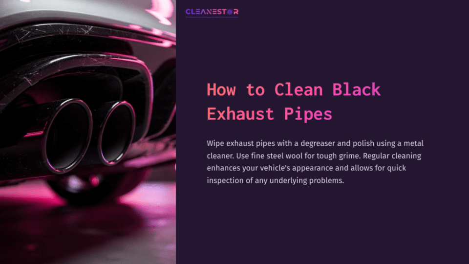 1 How To Clean Black Exhaust Pipes Close-Up Of A Car'S Dual Black Exhaust Pipes Against A Dark Background, Highlighted With Vibrant Pink And Purple Lighting.