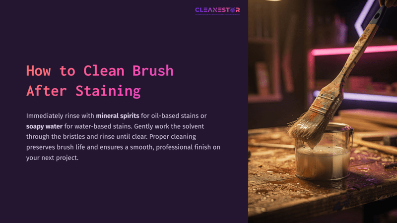 1 How To Clean Brush After Staining A Paintbrush With Bright Bristles Rests In A Container Of Liquid, Beside A Stained Wood Surface, Illuminated By Soft, Colorful Lighting.