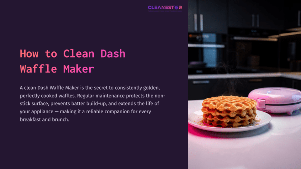 1 How To Clean Dash Waffle Maker Pink Dash Waffle Maker Beside A Stack Of Golden-Brown Waffles, Set Against A Modern Kitchen Backdrop With Dark Cabinets.