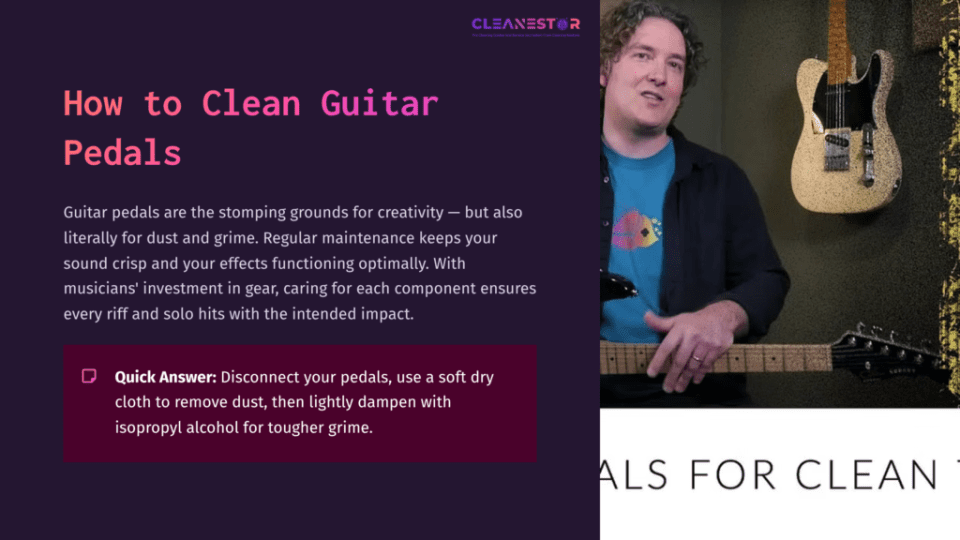 1 How To Clean Guitar Pedals A Man In A Blue Shirt Demonstrates Cleaning Guitar Pedals On A Workbench, Surrounded By Tools And Equipment, With A Purple Background.