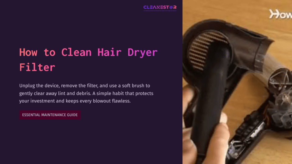 1 How To Clean Hair Dryer Filter A Hand Holds A Hair Dryer With A Removed Filter, Showcasing Debris. Text On A Purple Background Explains Cleaning Steps.