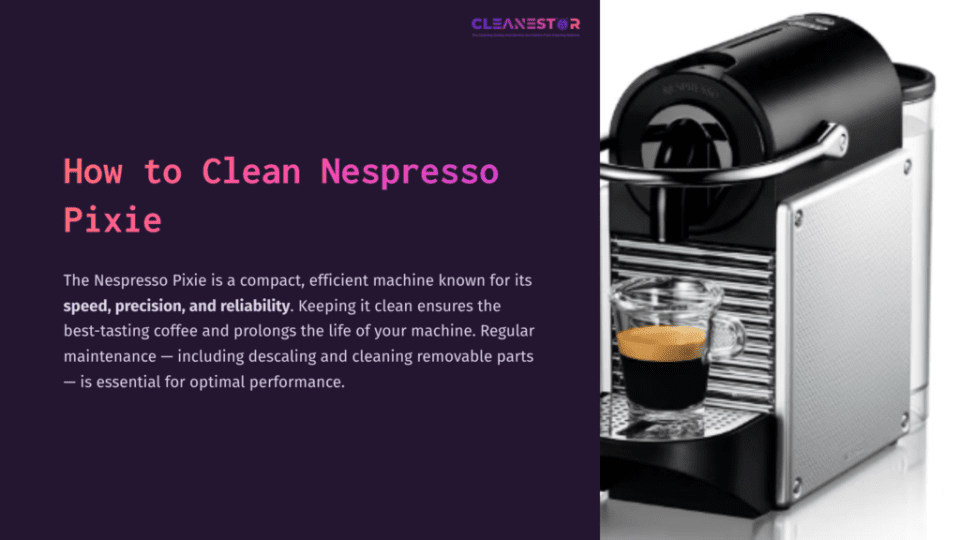 1 How To Clean Nespresso Pixie Nespresso Pixie Coffee Machine In Black With A Cup Of Espresso On A Stainless Steel Drip Tray, Set Against A Purple Background.
