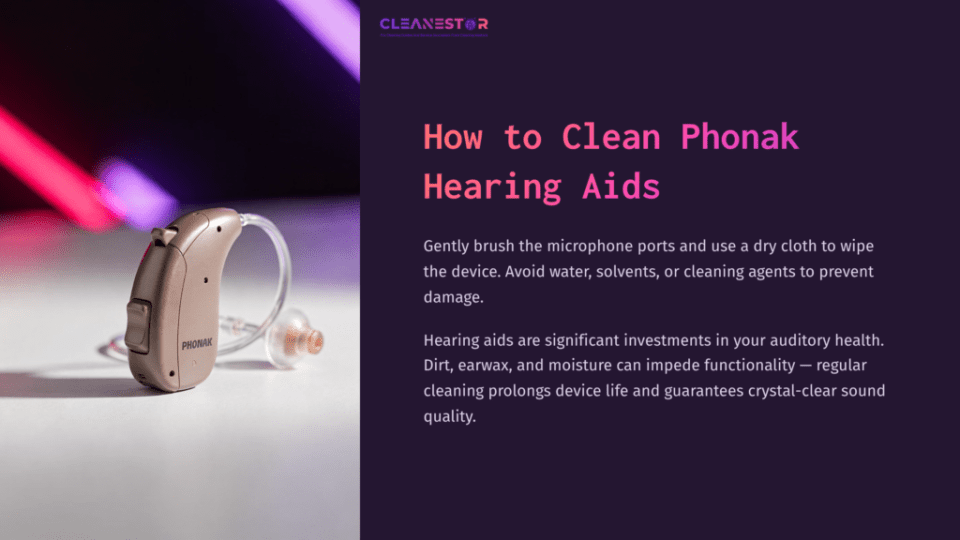 1 How To Clean Phonak Hearing Aids Phonak Hearing Aid In A Soft Gold Tone On A Gradient Background, Alongside Text About Cleaning And Maintenance Tips.