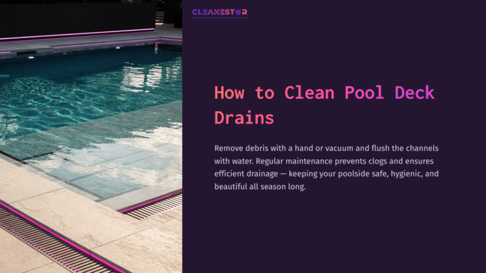 1 How To Clean Pool Deck Drains A Poolside Scene Featuring A Clear Blue Pool, Beige Tiles, And A Drain Channel With Purple Lighting Beside It.