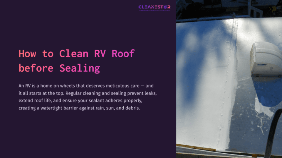 1 How To Clean Rv Roof Before Sealing A Partially Cleaned Rv Roof With Water And Cleaning Solution, Showcasing Its Uneven Surface And The Bright Sunlight Above.