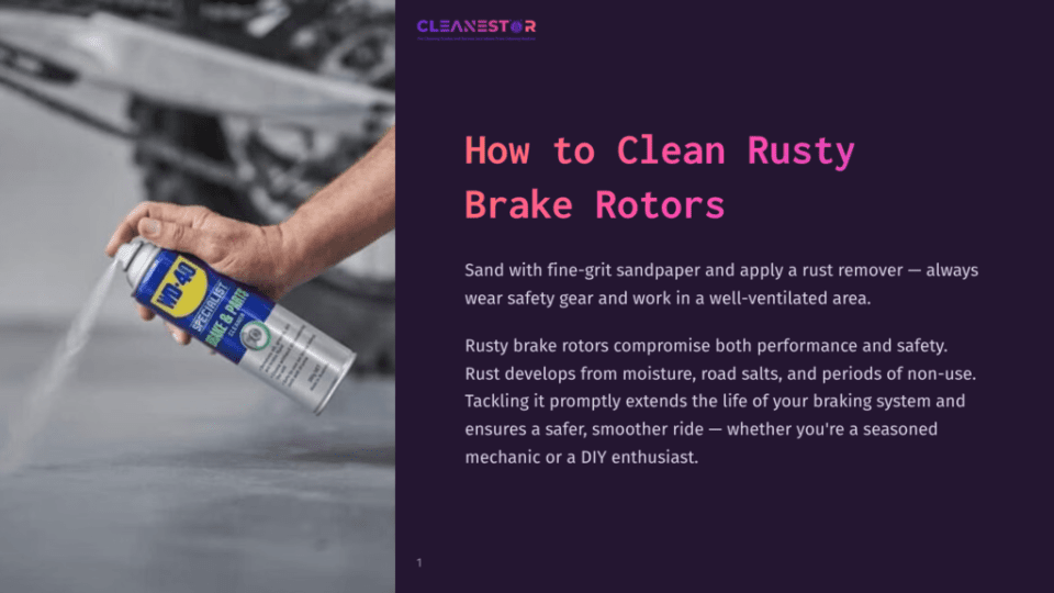 1 How To Clean Rusty Brake Rotors A Person Sprays Rust Remover From A Can Onto A Rusty Brake Rotor, With Tools In The Background, On A Dark Purple Background.