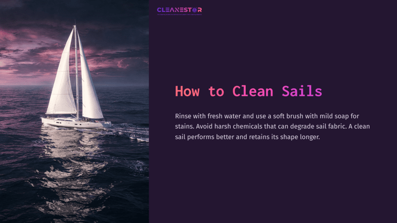 1 How To Clean Sails A Sleek White Sailboat Glides Over Purple-Hued Waters At Sunset, Alongside The Title &Quot;How To Clean Sails&Quot; And Cleaning Tips.