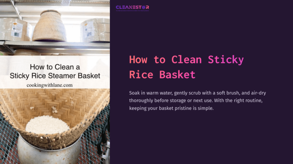 1 How To Clean Sticky Rice Basket Woven Bamboo Sticky Rice Basket Filled With Rice, Set Against A Clean, Organized Background With Instructions On Cleaning.