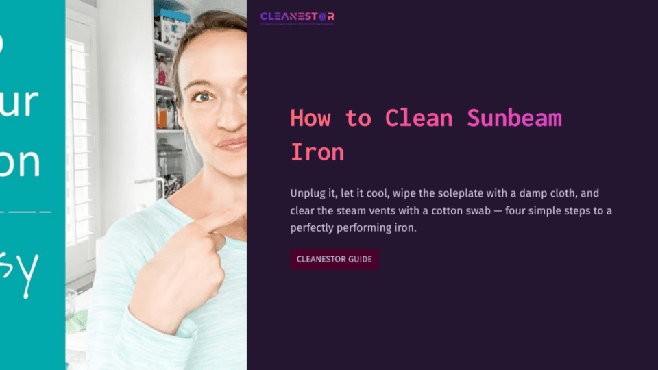 1 How To Clean Sunbeam Iron A Woman In A Light Blue Top Points At A Text Box With Cleaning Instructions For A Sunbeam Iron, Set Against A Dark Purple Background.