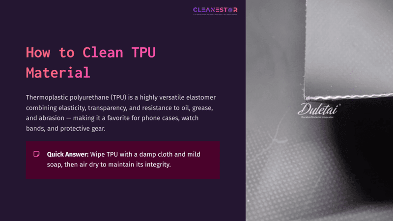 1 How To Clean Tpu Material Close-Up Of Textured Tpu Material In Varying Shades Of Gray, Accompanied By Cleaning Instructions And A Quick Care Tip In A Clean Layout.