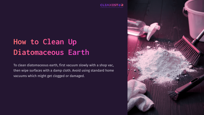 1 How To Clean Up Diatomaceous Earth A Table With Spilled White Diatomaceous Earth, A Vacuum, Damp Cloth, And Gloves On A Dark Background, Emphasizing Cleanup Tools.
