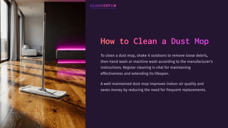1 How To Clean A Dust Mop Dust Mop With A White Cleaning Pad Stands On Polished Wooden Floor, Next To A Colorful Background Showcasing Cleaning Tips.