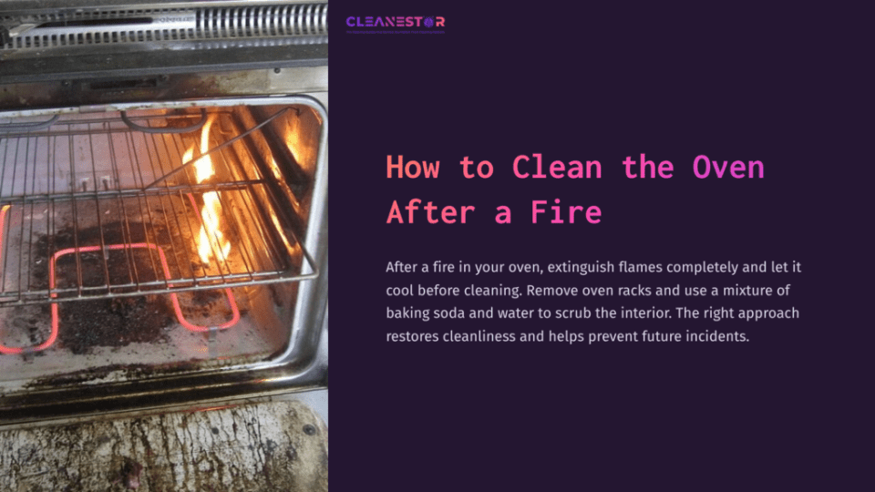 1 How To Clean The Oven After A Fire An Open Oven With Flames Inside, Showing A Metal Rack And Charcoal Residue On The Bottom, Against A Dark Purple Background.