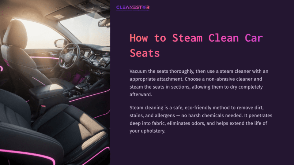 1 How To Steam Clean Car Seats Interior Of A Car With Black Upholstery, Pink Accents, Showing Front Seats And Dashboard, With Sunlight Illuminating The Space.