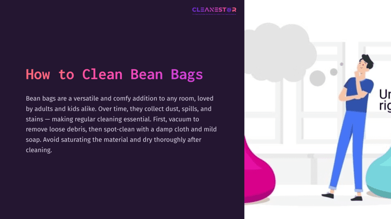 1 How To Clean Bean Bags Instructions On Cleaning Bean Bags, Featuring A Purple Background, A Pink Bean Bag, And A Person Using A Vacuum Cleaner By A Window.