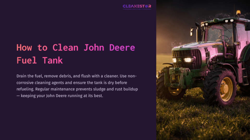 1 How To Clean John Deere Fuel Tank A Green John Deere Tractor Parked In A Field At Sunset, With A Clear Focus On Its Fuel Tank Area, Illustrating Maintenance Concepts.