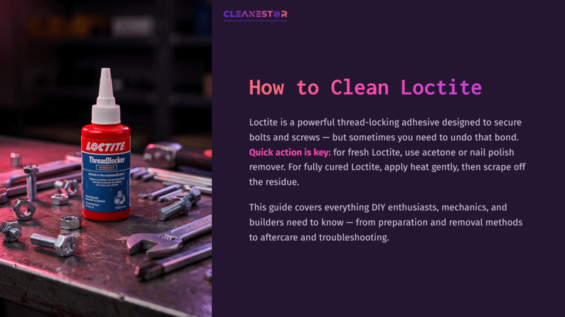 1 How To Clean Loctite Red Bottle Of Loctite Thread-Locking Adhesive On A Workbench With Various Tools, Including Wrenches, Against A Purple Backdrop.