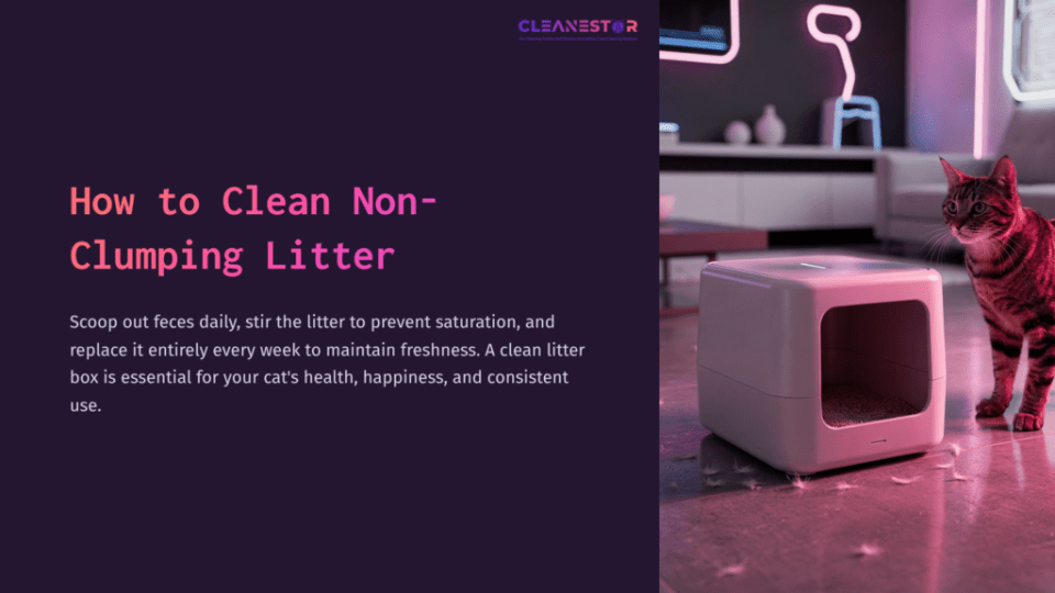 1 How To Clean Non Clumping Litter A Modern Litter Box With A Sleek Design Sits Next To A Curious Cat In A Vibrant, Brightly Lit Room.
