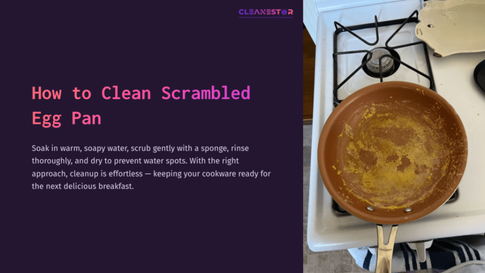 1 How To Clean Scrambled Egg Pan 1 A Dirty, Brown Ceramic Frying Pan With Remnants Of Scrambled Eggs, Placed On A Stovetop Beside A Burner, Highlighted Against A Dark Background.