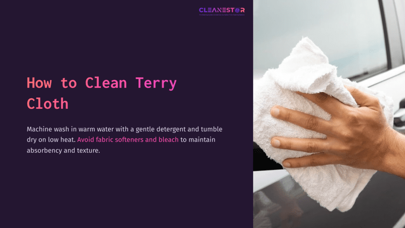 1 How To Clean Terry Cloth A Hand Holding A White Terry Cloth Towel, Wiping A Dark Surface, With Instructions On Cleaning Terry Cloth Prominently Displayed.