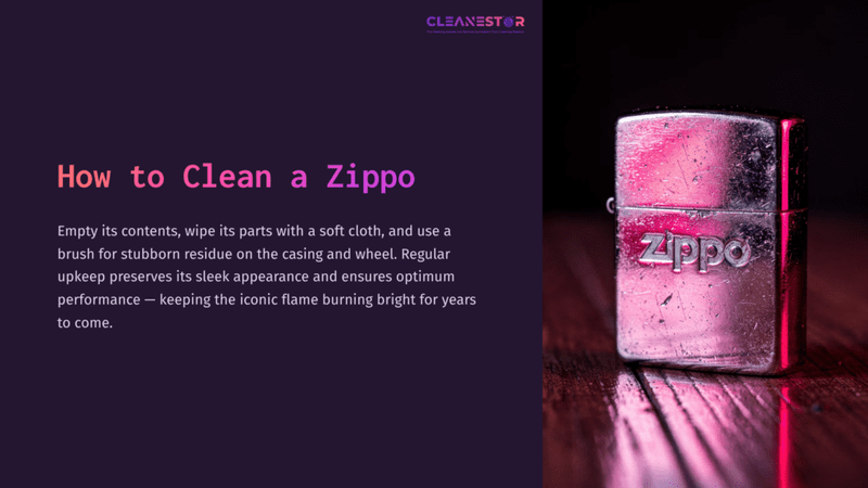 1 How To Clean A Zippo Silver Zippo Lighter On A Wooden Surface, Reflecting Light, With Pink And Purple Hues In The Background; Text Reads &Quot;How To Clean A Zippo.&Quot;
