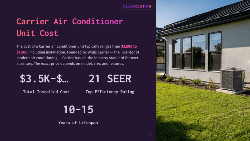 1 Carrier Air Conditioner Unit Cost A Modern Carrier Air Conditioner Unit Sits On A Lush Green Lawn Next To A Contemporary House With Large Windows. Text Overlay: &Quot;Cleanestor&Quot;, &Quot;Carrier Air Conditioner Unit Cost&Quot;, &Quot;$3.5K-$7,500&Quot;, &Quot;21 Seer&Quot;, &Quot;10-15 Years Of Lifespan&Quot;.