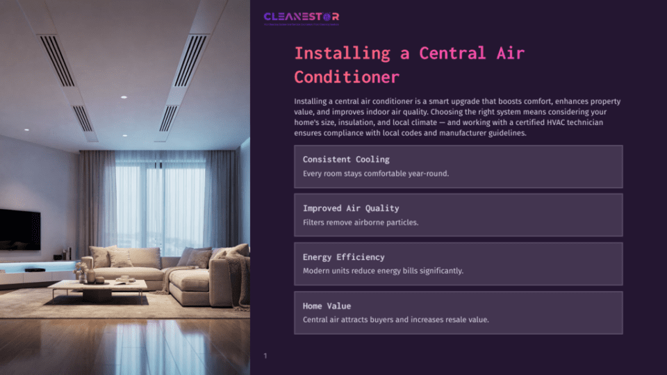 1 Installing A Central Air Conditioner Cleanestor Logo With Text &Quot;Installing A Central Air Conditioner&Quot; And A Modern Living Room With A Sectional Sofa And Coffee Table.