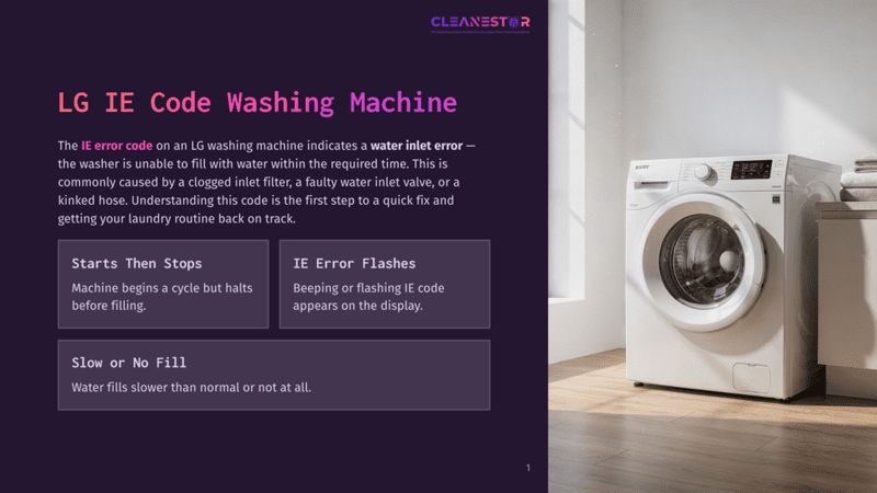 1 Lg Ie Code Washing Machine Lg Ie Error Code Washing Machine Troubleshooting Guide. Shows Text Explaining The Ie Error, A Lg Washing Machine, And A Laundry Room Setting.