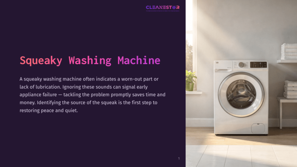 1 Squeaky Washing Machine A White Front-Load Washing Machine Sits To The Right Of A Dark Purple Slide With The Text &Quot;Squeaky Washing Machine&Quot; And An Explanation Of Potential Causes And Solutions.