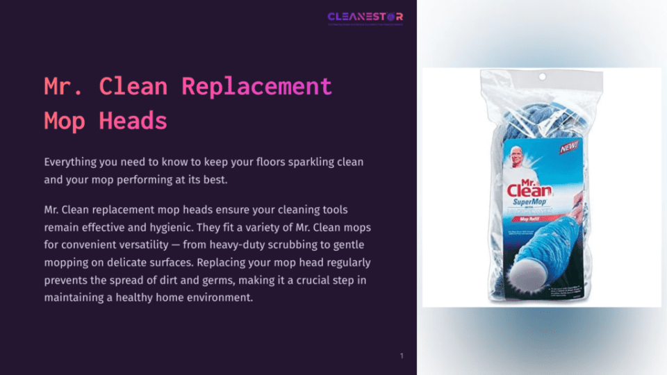 1 Mr Clean Replacement Mop Heads Mr. Clean Supermop Replacement Mop Head In Its Original Packaging, Featuring A Blue Mop Head And The Mr. Clean Logo.