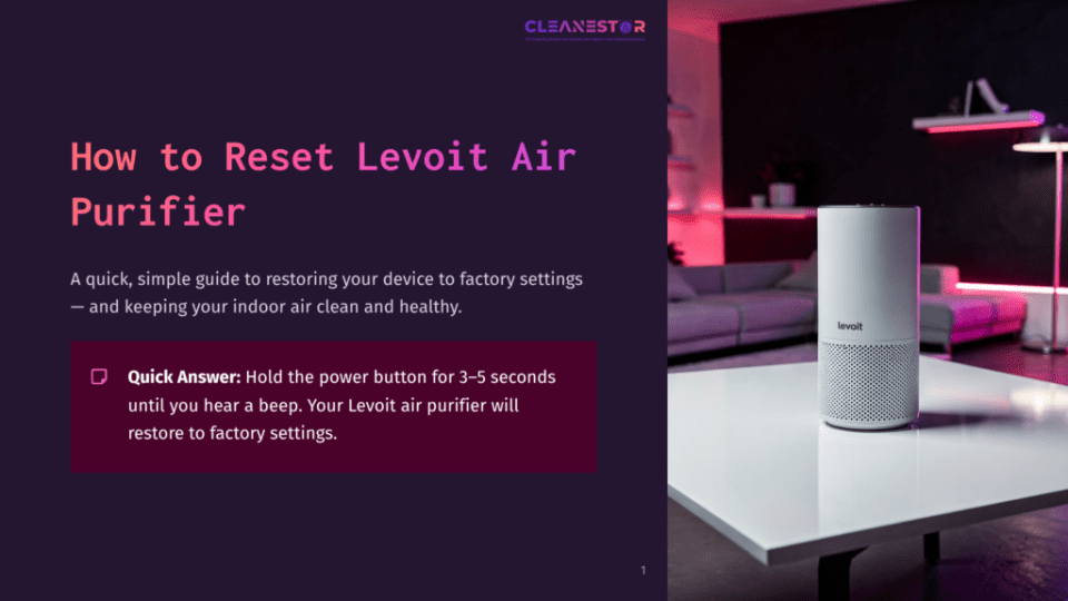 1 How To Reset Levoit Air Purifier A Sleek Levoit Air Purifier On A White Table In A Modern Room, With Purple Lighting In The Background And Minimalist Decor.