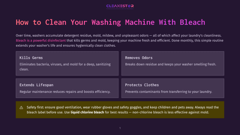 1 How To Clean Your Washing Machine With Bleach Infographic Titled &Quot;How To Clean Your Washing Machine With Bleach&Quot; Detailing Benefits Like Killing Germs, Removing Odors, Extending Lifespan, And Protecting Clothes, With A Safety Warning About Using Liquid Chlorine Bleach.