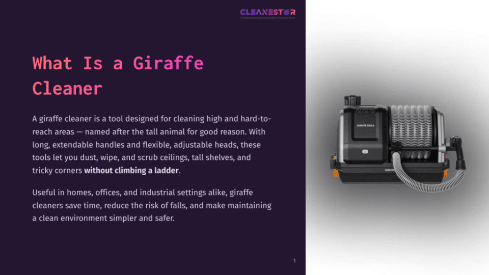 1 What Is A Giraffe Cleaner A Close-Up Of The Giraffe Tools Brand Cleaner, A High-Reach Cleaning Tool With A Black And Gray Body, Coiled Hose, And Extendable Handle, On A Dark Background.