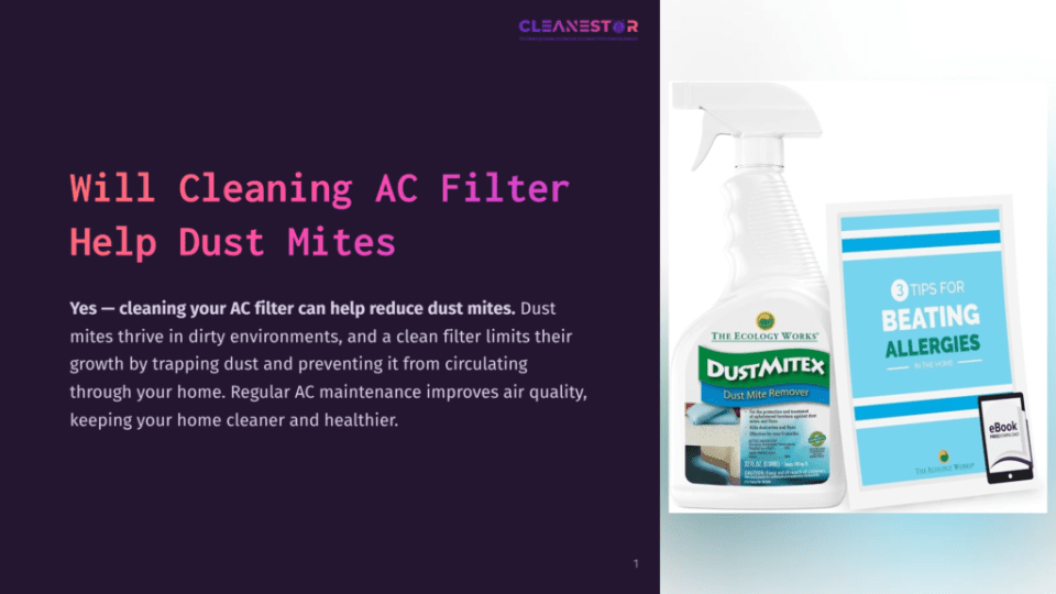 A Spray Bottle Of &Quot;The Ecology Works Dust Mite Remover&Quot; Sits Next To An Open Ebook Titled &Quot;3 Tips For Beating Allergies.&Quot; The Background Features Text About Cleaning Ac Filters To Help Reduce Dust Mites.